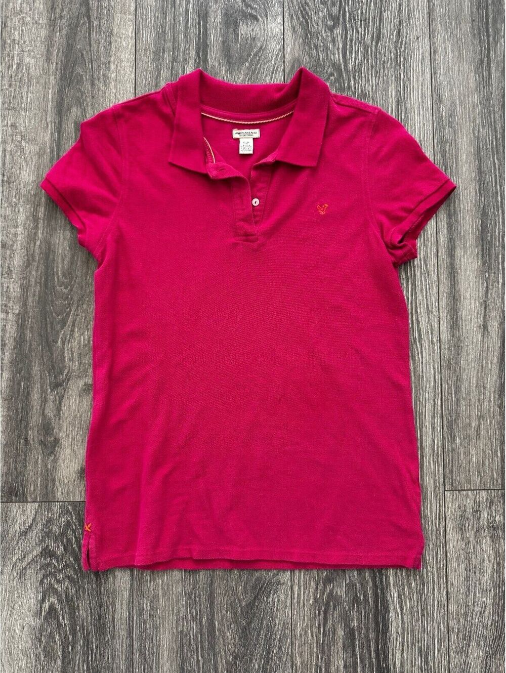 Y2K American Eagle Hot Pink Fitted Polo Small Orange Logo Preppy Baby Tee